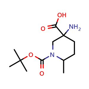Chemical structure of 3-amino-1-tert-butoxycarbonyl-6-methyl-piperidine-3-carboxylic acid , CAS 1779584-84-7, AChemBlock V154256