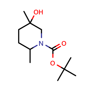 Chemical structure of tert-butyl 5-hydroxy-2,5-dimethyl-piperidine-1-carboxylate , CAS 2628353-45-5, AChemBlock V154257