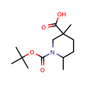 Chemical structure of 1-tert-butoxycarbonyl-3,6-dimethyl-piperidine-3-carboxylic acid , CAS 1407180-84-0, AChemBlock V154264
