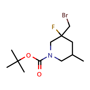 Chemical structure of tert-butyl 3-(bromomethyl)-3-fluoro-5-methyl-piperidine-1-carboxylate , CAS 2920399-76-2, AChemBlock V154269