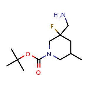 Chemical structure of tert-butyl 3-(aminomethyl)-3-fluoro-5-methyl-piperidine-1-carboxylate , CAS 2920400-30-0, AChemBlock V154271