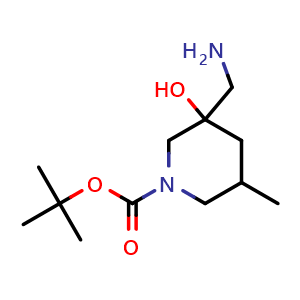 Chemical structure of tert-butyl 3-(aminomethyl)-3-hydroxy-5-methyl-piperidine-1-carboxylate , CAS 2920427-06-9, AChemBlock V154272