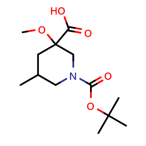 Chemical structure of 1-tert-butoxycarbonyl-3-methoxy-5-methyl-piperidine-3-carboxylic acid , CAS 2287552-41-2, AChemBlock V154275