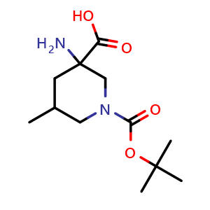 Chemical structure of 3-amino-1-tert-butoxycarbonyl-5-methyl-piperidine-3-carboxylic acid , CAS 2920415-24-1, AChemBlock V154276