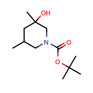Chemical structure of tert-butyl 3-hydroxy-3,5-dimethyl-piperidine-1-carboxylate , CAS 2920404-36-8, AChemBlock V154277