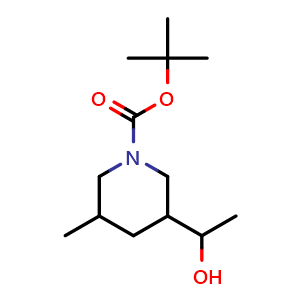 Chemical structure of tert-butyl 3-(1-hydroxyethyl)-5-methyl-piperidine-1-carboxylate , CAS 2162887-07-0, AChemBlock V154279