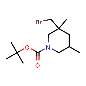 Chemical structure of tert-butyl 3-(bromomethyl)-3,5-dimethyl-piperidine-1-carboxylate , CAS 2920424-45-7, AChemBlock V154284