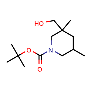 Chemical structure of tert-butyl 3-(hydroxymethyl)-3,5-dimethyl-piperidine-1-carboxylate , CAS 2920414-45-3, AChemBlock V154285