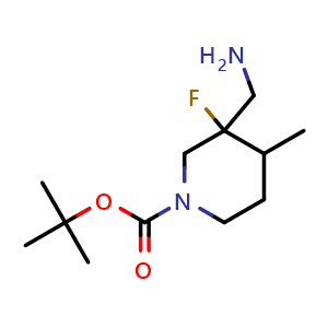 Chemical structure of tert-butyl 3-(aminomethyl)-3-fluoro-4-methyl-piperidine-1-carboxylate , CAS 2920428-23-3, AChemBlock V154290