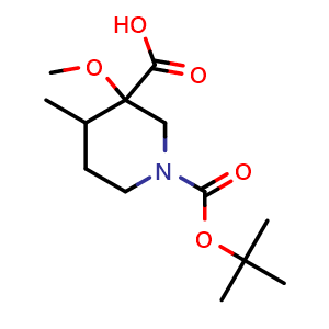 Chemical structure of 1-tert-butoxycarbonyl-3-methoxy-4-methyl-piperidine-3-carboxylic acid , CAS 2920400-40-2, AChemBlock V154294