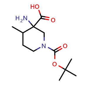 Chemical structure of 3-amino-1-tert-butoxycarbonyl-4-methyl-piperidine-3-carboxylic acid , CAS 2920397-11-9, AChemBlock V154295