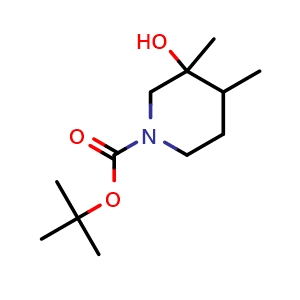 Chemical structure of tert-butyl 3-hydroxy-3,4-dimethyl-piperidine-1-carboxylate , CAS 1823415-74-2, AChemBlock V154296