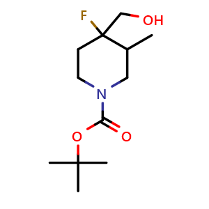 Chemical structure of tert-butyl 4-fluoro-4-(hydroxymethyl)-3-methyl-piperidine-1-carboxylate , CAS 1237526-19-0, AChemBlock V154307
