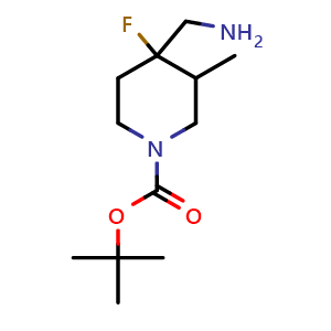 Chemical structure of tert-butyl 4-(aminomethyl)-4-fluoro-3-methyl-piperidine-1-carboxylate , CAS 2920402-25-9, AChemBlock V154308