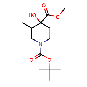Chemical structure of O1-tert-butyl O4-methyl 4-hydroxy-3-methyl-piperidine-1,4-dicarboxylate , CAS 2121126-45-0, AChemBlock V154311