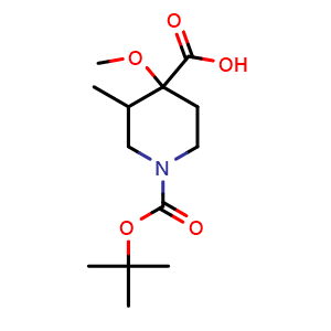 Chemical structure of 1-tert-butoxycarbonyl-4-methoxy-3-methyl-piperidine-4-carboxylic acid , CAS 2289943-09-3, AChemBlock V154312