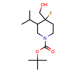 Chemical structure of tert-butyl 4-fluoro-4-(hydroxymethyl)-3-isopropyl-piperidine-1-carboxylate , CAS 2920404-73-3, AChemBlock V154346