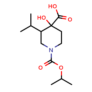 Chemical structure of 4-hydroxy-1-isopropoxycarbonyl-3-isopropyl-piperidine-4-carboxylic acid , CAS 2920436-28-6, AChemBlock V154350