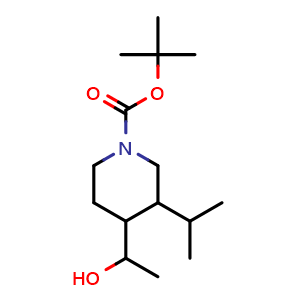 Chemical structure of tert-butyl 4-(1-hydroxyethyl)-3-isopropyl-piperidine-1-carboxylate , CAS 2920415-56-9, AChemBlock V154355