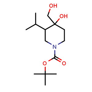 Chemical structure of tert-butyl 4-hydroxy-4-(hydroxymethyl)-3-isopropyl-piperidine-1-carboxylate , CAS 2920395-83-9, AChemBlock V154358
