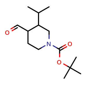 Chemical structure of tert-butyl 4-formyl-3-isopropyl-piperidine-1-carboxylate , CAS 2920399-68-2, AChemBlock V154359