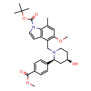 Chemical structure of tert-butyl 4-[[(2S,4R)-4-hydroxy-2-(4-methoxycarbonylphenyl)-1-piperidyl]methyl]-5-methoxy-7-methyl-indole-1-carboxylate , CAS 2920180-17-0, AChemBlock V154367