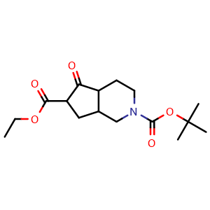 Chemical structure of O2-tert-butyl O6-ethyl 5-oxo-3,4,4a,6,7,7a-hexahydro-1H-cyclopenta[c]pyridine-2,6-dicarboxylate , CAS 2708278-91-3, AChemBlock V154379