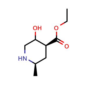 Chemical structure of ethyl (2R,4S)-5-hydroxy-2-methyl-piperidine-4-carboxylate , CAS 2940933-25-3, AChemBlock V154395