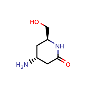 Chemical structure of (4R,6S)-4-amino-6-(hydroxymethyl)piperidin-2-one , CAS 736180-22-6, AChemBlock V154411