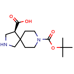 Chemical structure of (4S)-8-tert-butoxycarbonyl-2,8-diazaspiro[4.5]decane-4-carboxylic acid , CAS 2381388-80-1, AChemBlock V154471