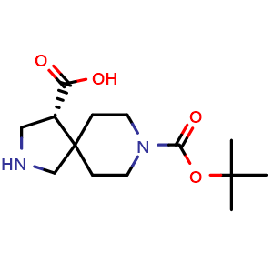 Chemical structure of (4R)-8-tert-butoxycarbonyl-2,8-diazaspiro[4.5]decane-4-carboxylic acid , CAS 2920239-22-9, AChemBlock V154472