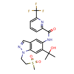 Chemical structure of N-[6-(1-hydroxy-1-methyl-ethyl)-1-(2-methylsulfonylethyl)indazol-5-yl]-6-(trifluoromethyl)pyridine-2-carboxamide , CAS 2751749-06-9, AChemBlock V154551