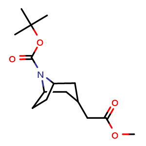 Chemical structure of tert-butyl 3-(2-methoxy-2-oxo-ethyl)-8-azabicyclo[3.2.1]octane-8-carboxylate , CAS 1823228-34-7, AChemBlock V154558