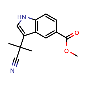 Chemical structure of methyl 3-(1-cyano-1-methyl-ethyl)-1H-indole-5-carboxylate , CAS 2649313-36-8, AChemBlock V154579