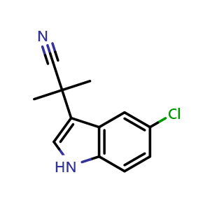 Chemical structure of 2-(5-chloro-1H-indol-3-yl)-2-methyl-propanenitrile , CAS 2649313-34-6, AChemBlock V154581