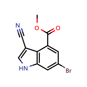 Chemical structure of methyl 6-bromo-3-cyano-1H-indole-4-carboxylate , CAS 2641485-00-7, AChemBlock V154585