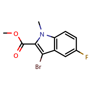 Chemical structure of methyl 3-bromo-5-fluoro-1-methyl-indole-2-carboxylate , CAS 2639776-39-7, AChemBlock V154589
