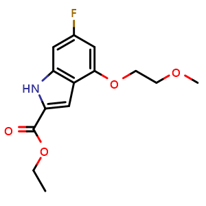 Chemical structure of ethyl 6-fluoro-4-(2-methoxyethoxy)-1H-indole-2-carboxylate , CAS 2636642-30-1, AChemBlock V154595