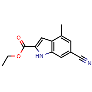 Chemical structure of ethyl 6-cyano-4-methyl-1H-indole-2-carboxylate , CAS 2636642-25-4, AChemBlock V154598