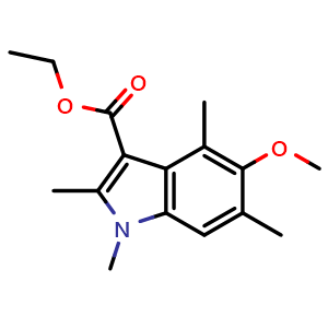 Chemical structure of ethyl 5-methoxy-1,2,4,6-tetramethyl-indole-3-carboxylate , CAS 2632467-93-5, AChemBlock V154600
