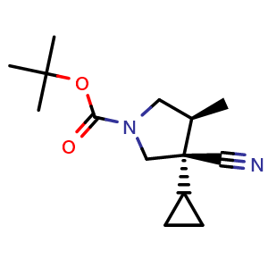 Chemical structure of tert-butyl (3R,4S)-3-cyano-3-cyclopropyl-4-methyl-pyrrolidine-1-carboxylate , CAS 2816820-14-9, AChemBlock V154629