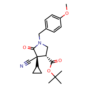 Chemical structure of tert-butyl (3R,4R)-4-cyano-4-cyclopropyl-1-[(4-methoxyphenyl)methyl]-5-oxo-pyrrolidine-3-carboxylate , CAS 2891581-13-6, AChemBlock V154640