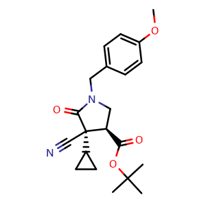 Chemical structure of tert-butyl (3S,4S)-4-cyano-4-cyclopropyl-1-[(4-methoxyphenyl)methyl]-5-oxo-pyrrolidine-3-carboxylate , CAS 2891580-27-9, AChemBlock V154641