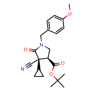 Chemical structure of tert-butyl (3S,4R)-4-cyano-4-cyclopropyl-1-[(4-methoxyphenyl)methyl]-5-oxo-pyrrolidine-3-carboxylate , CAS 2891580-92-8, AChemBlock V154642