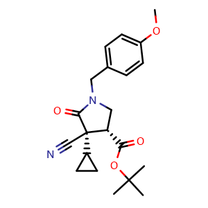 Chemical structure of tert-butyl (3R,4S)-4-cyano-4-cyclopropyl-1-[(4-methoxyphenyl)methyl]-5-oxo-pyrrolidine-3-carboxylate , CAS 2891580-56-4, AChemBlock V154643