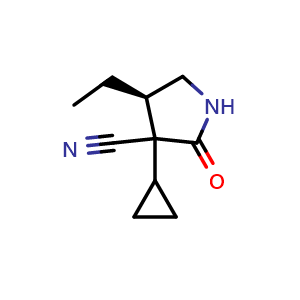 Chemical structure of (4R)-3-cyclopropyl-4-ethyl-2-oxo-pyrrolidine-3-carbonitrile , CAS 2797139-97-8, AChemBlock V154644