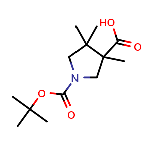 Chemical structure of 1-tert-butoxycarbonyl-3,4,4-trimethyl-pyrrolidine-3-carboxylic acid , CAS 2725791-28-4, AChemBlock V154646