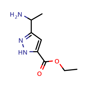 Chemical structure of ethyl 3-(1-aminoethyl)-1H-pyrazole-5-carboxylate , CAS 2653226-06-1, AChemBlock V154766