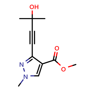 Chemical structure of methyl 3-(3-hydroxy-3-methyl-but-1-ynyl)-1-methyl-pyrazole-4-carboxylate , CAS 2645374-01-0, AChemBlock V154775