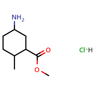 Chemical structure of methyl 5-amino-2-methyl-cyclohexanecarboxylate hydrochloride , CAS 2802153-41-7, AChemBlock V154800